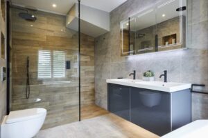 Fully fitted bathroom with walls and floor tiles