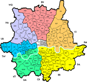 Map of London areas and post code North West, South, East, and North