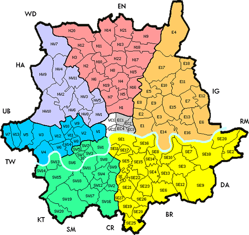 Map of London areas and post code North West, South, East, and North